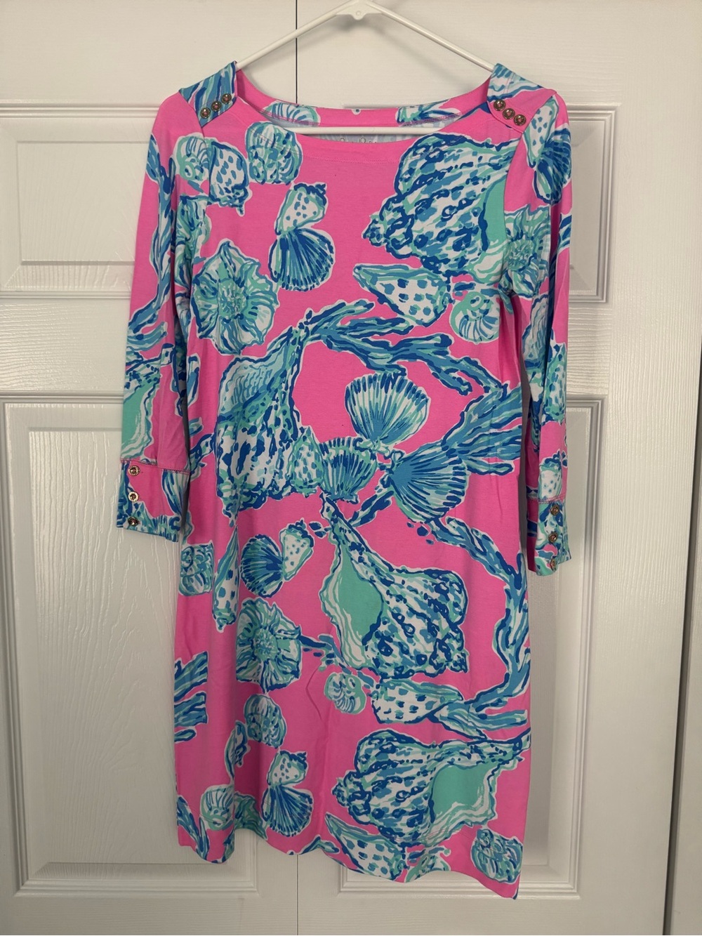 Lilly Pulitzer Pink Shift Dress with Blue and Mint Shell Print